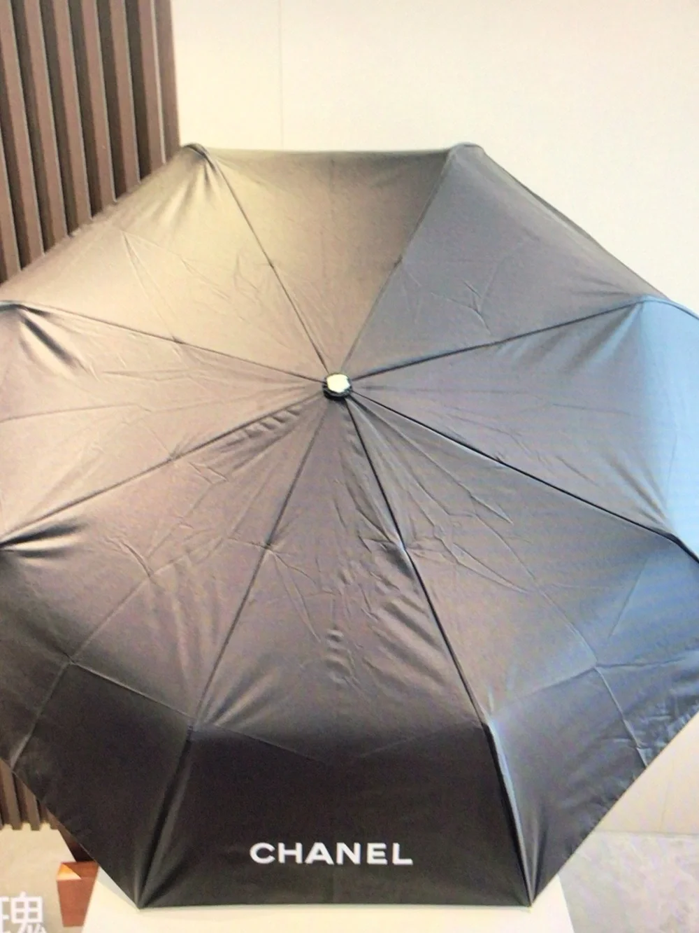 CHANEL Black Compact Umbrella with Blue Rose Handle